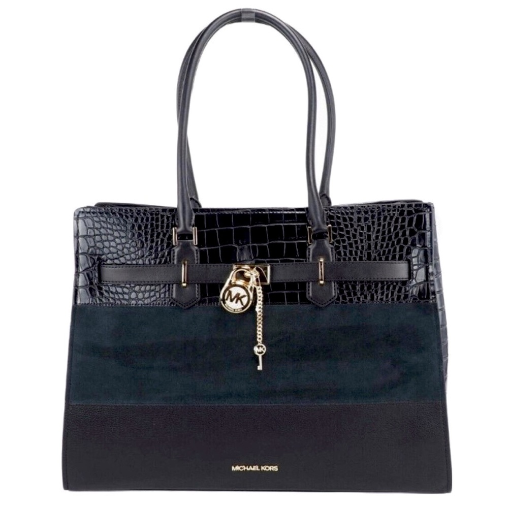 Michael Kors Hamilton Black XL Mixed Materials East West Tote Handbag.